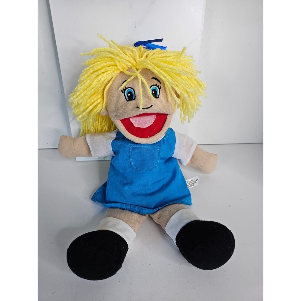 Discount School Supply Girl Hand Puppet Yellow Yarn Hair Blue Jumper Plush Toy